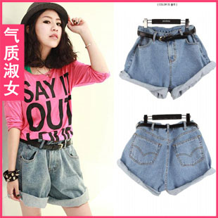 Free Shipping Women's 2013 spring fashion high waist roll-up hem loose denim shorts wide leg pants k094