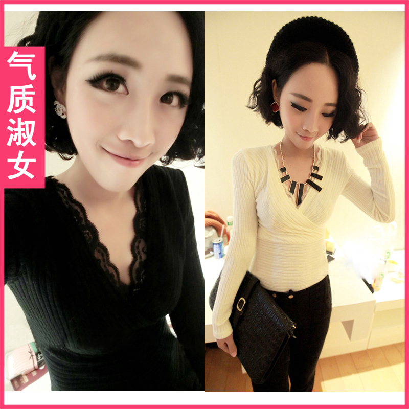 Free shipping Women's 2013 winter new arrival V-neck lace knitted slim waist top basic shirt v677 spring sweaters for women