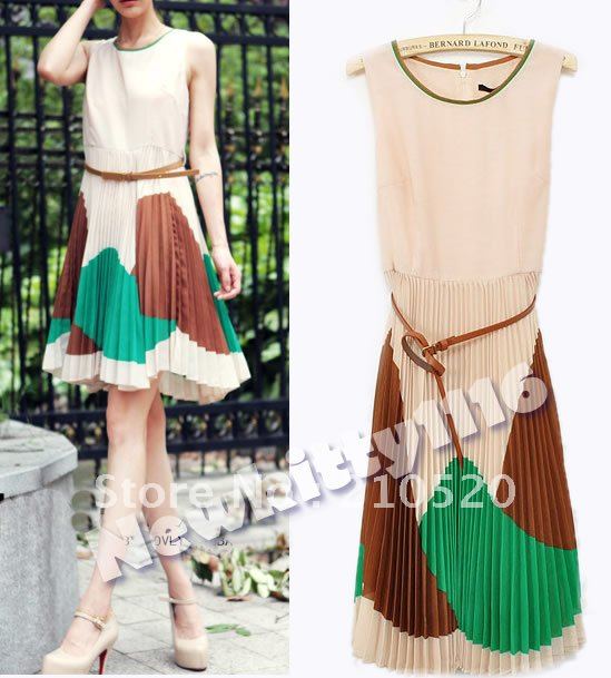 Free Shipping Women's Accordion Pleat Chifon Dresses Ladies Fashionable Dress With Belt S/M/L