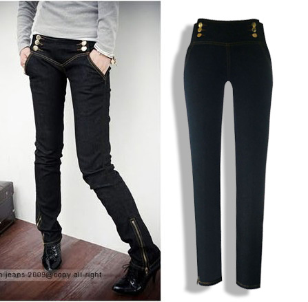 Free Shipping Women's autumn a8579 black double breasted slim high waist pencil pants denim trousers