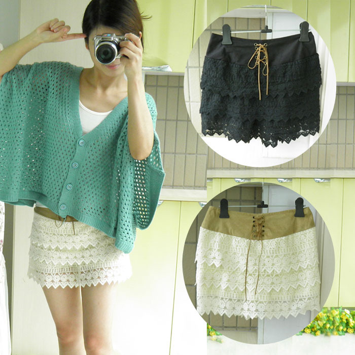 Free shipping! Women's autumn lace short skorts black beige