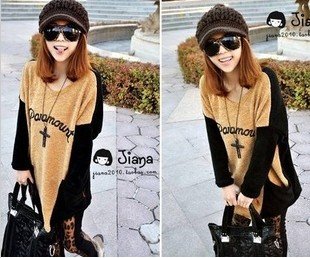 free shipping Women's autumn new large size women's big black pocket loose black sleeve color matching long sweater of005