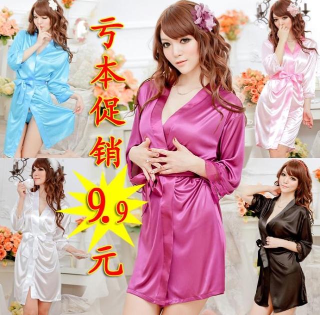 Free shipping Women's autumn sexy sleepwear viscose translucent faux silk bathrobe nightgown lace chromophous set temptation