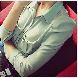 Free Shipping Women's Autumn shes story pleated pockets puff sleeve chiffon shirt #017