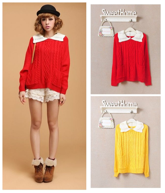 Free shipping women's autumn vivi magazine sweet twisted large lapel pocket knitted sweater 2 colors F size