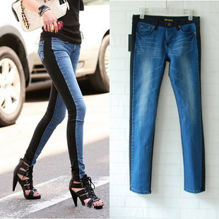 Free Shipping Women's autumn winter 10163 patchwork jeans skinny pants high quality