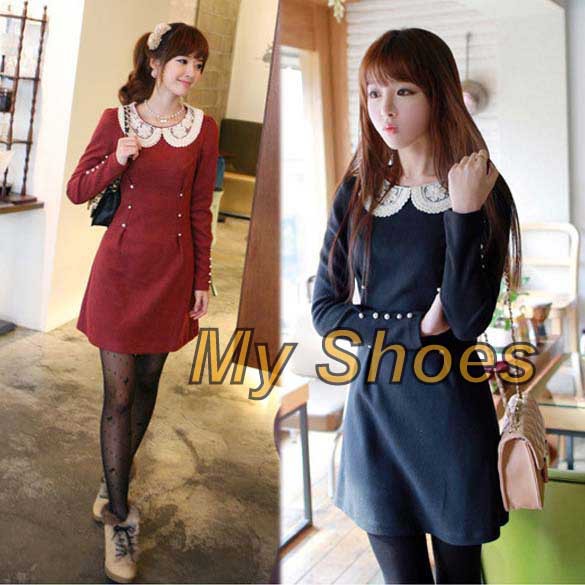 Free Shipping Women's Autumn Winter Sweet Cute Long Sleeve Dress Doll Collar Slim Princess Style 7946