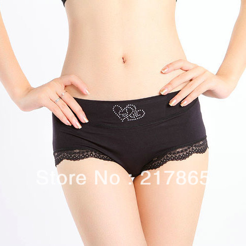 Free shipping women's bamboo fibre mid waist boxer panties diamond decoration lace panties sexy underwear