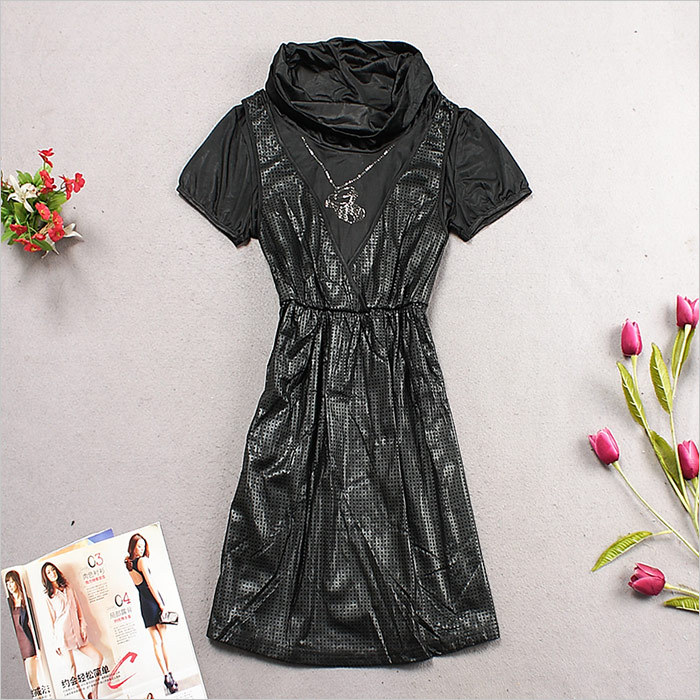 Free shipping Women's boutique short-sleeve faux leather 2 2012 one-piece dress