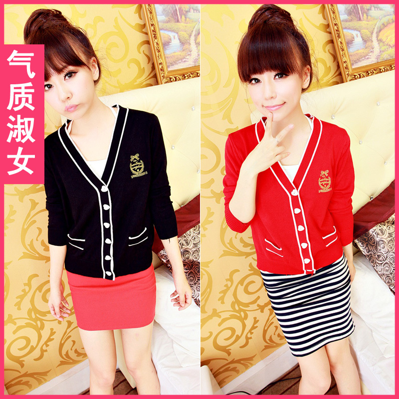 free shipping, Women's  bow love button V-neck long-sleeve slim short jacket c276 autumn