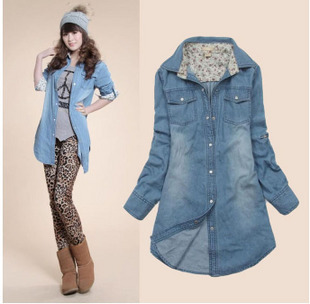 Free shipping women's classic water wash medium-long denim shirt