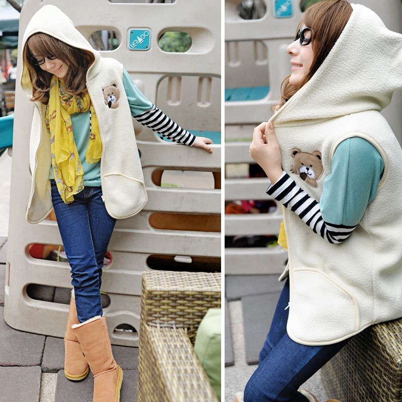 FREE SHIPPING! Women's clothing series hot-selling bear pattern with a hood casual cardigan vest -HB