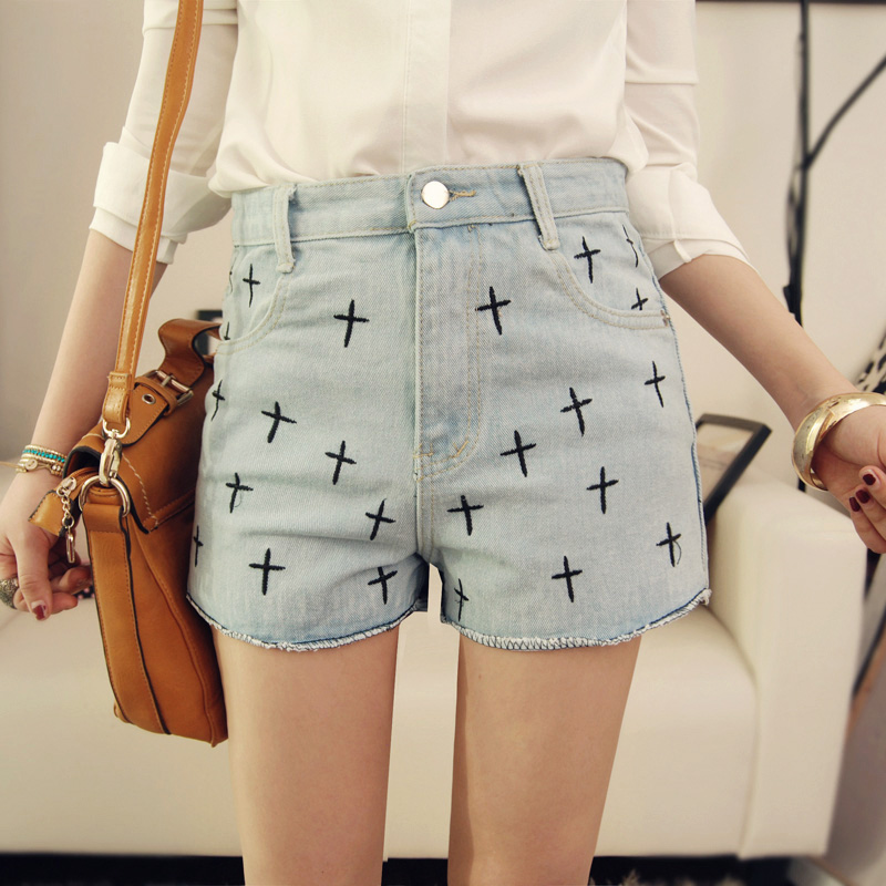 FREE SHIPPING women's cross embroidery empire denim shorts,  ladies jeans shorts