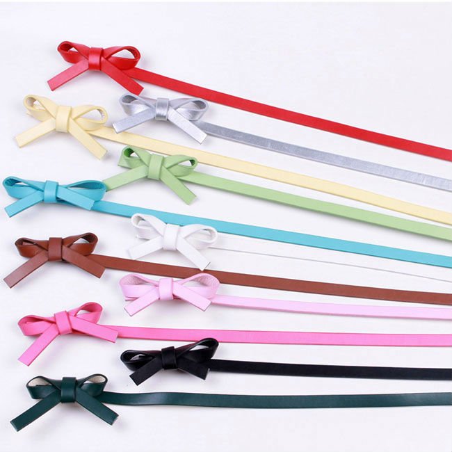 Free shipping Women's Cute Candy color PU leather Thin Belt bowknot bulkle 11colors wholesale