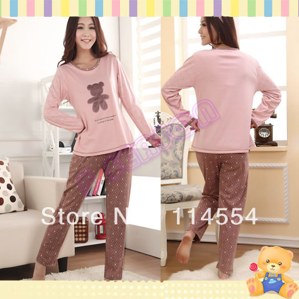 Free Shipping Women's Cute Cartoon Bear Dot Design Long Sleeve Cotton Home Wear Pajamas Sleepwear 11177