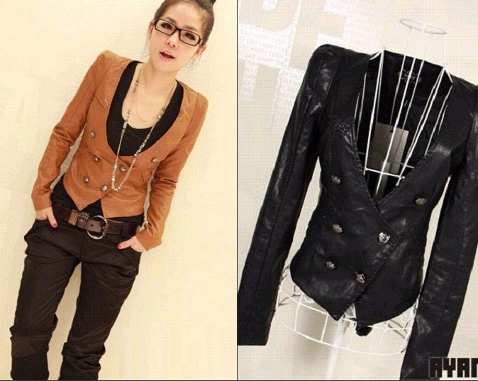 Free Shipping Women's Duke collarless double-breasted leather jacket 510-8009 skirt coats