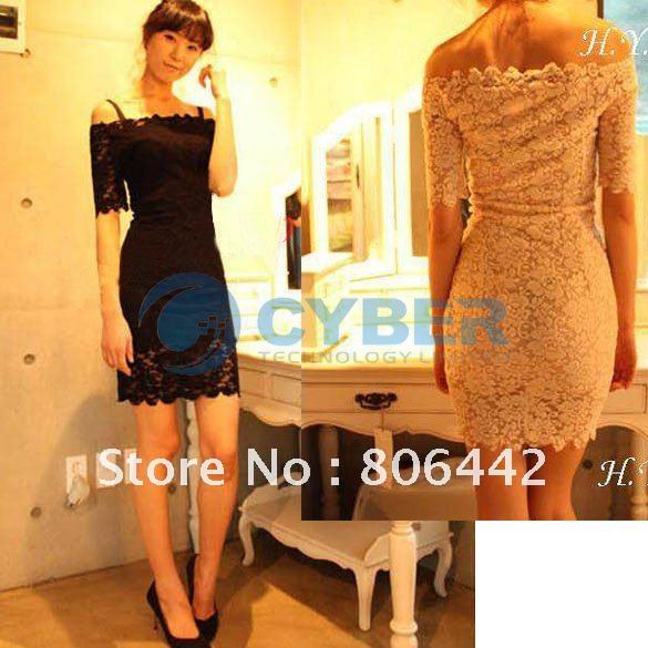 Free Shipping Women's Elegant Neck Off Shoulder Lace Strap Slim Sexy Clubwear Party Mini Dress