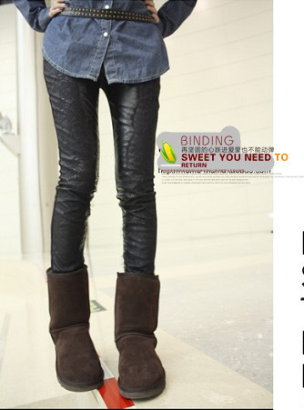 Free Shipping  Women's Fashion 8097 2013 lace bordered basic leather pants black