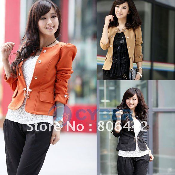 Free Shipping Women's Fashion Basic Slim Puff Sleeve Bow Short Coat Jacket 3 Colors