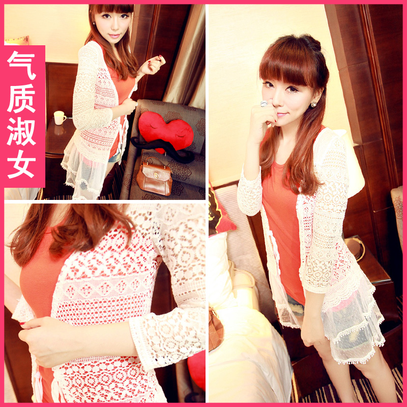 free shipping, Women's  fashion crotch lace cardigan slim air conditioning shirt a317 autumn