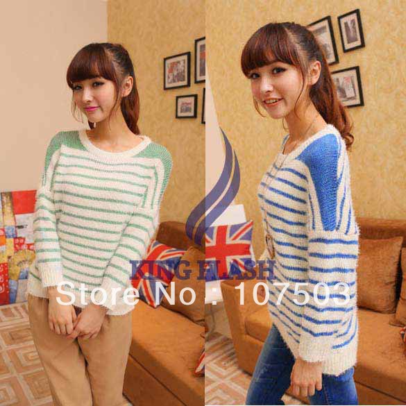 Free shipping women's Fashion Cute Knitting wool Stripe Loose Pullover Long batwing Sweater Tops 9166