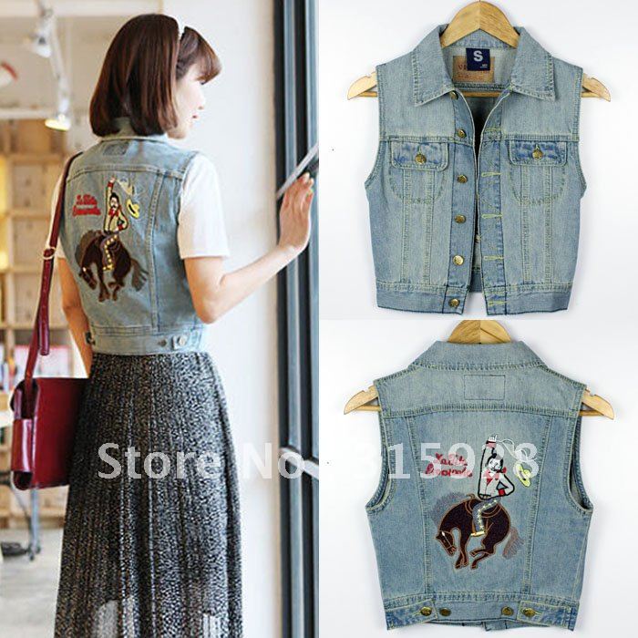 Free Shipping Women's fashion jacket embroidered denim vest 9952 vest women Retro blue