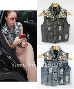 Free shipping women's fashion Lapel short denim jacket pearls Slim jacket vest 9453