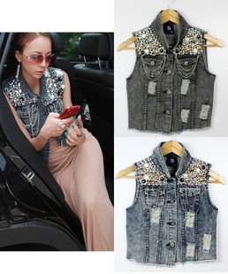 Free shipping women's fashion Lapel short denim jacket pearls Slim jacket vest 9455