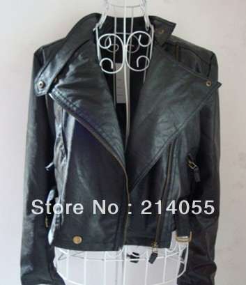 Free shipping Women's fashion leather jacket short design stand collar PU inclined zipper motorcycle leather clothing.