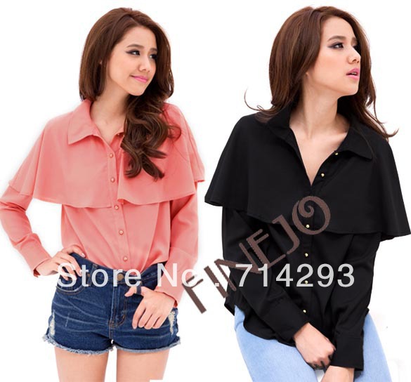 FREE SHIPPING Women's Fashion Long Sleeve Shirt Cape Blouse Tops 2 Colors 10134