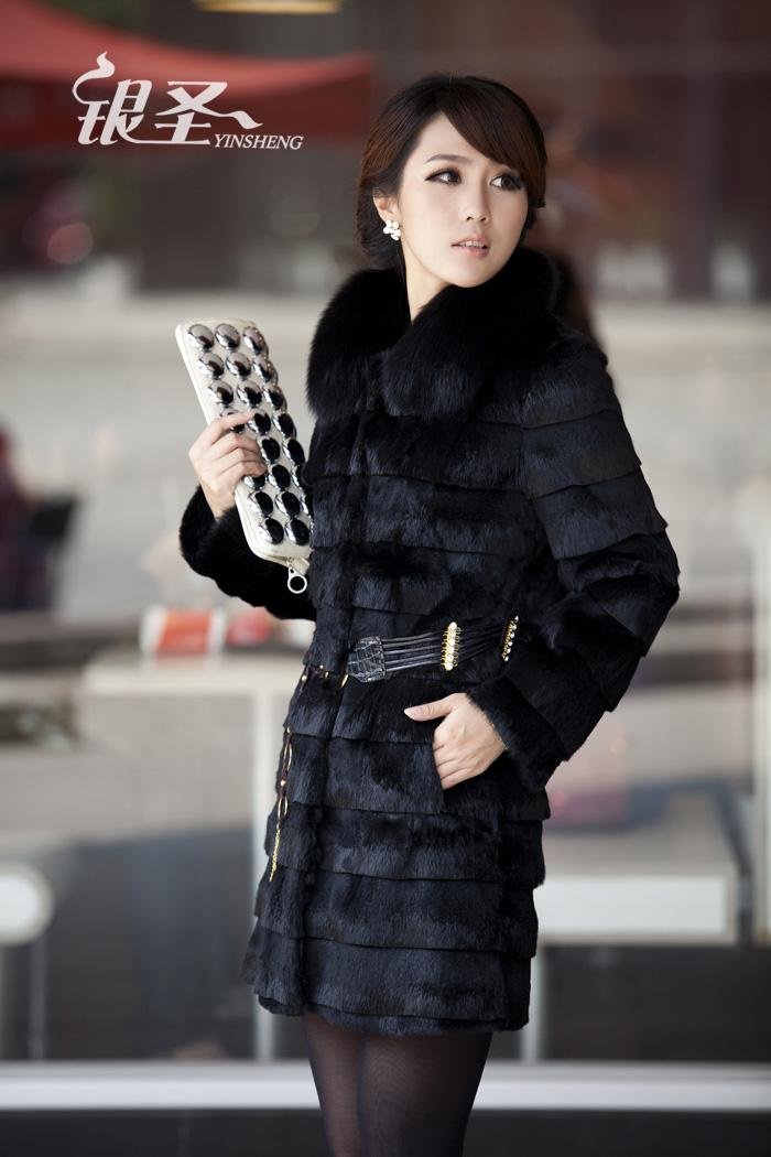 Free shipping Women's Fashion Real Rabbit Fur Coat with Fox Fur Collar Outwear Lady Garment