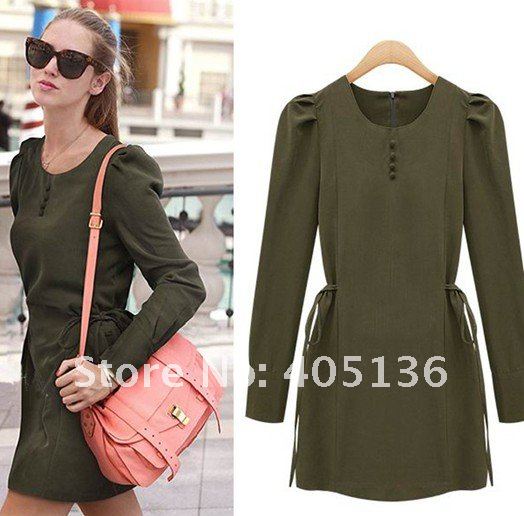 Free shipping , women's fashion round neck Puff Sleeve temperament waist long-sleeved Leather-velvet dress 8092