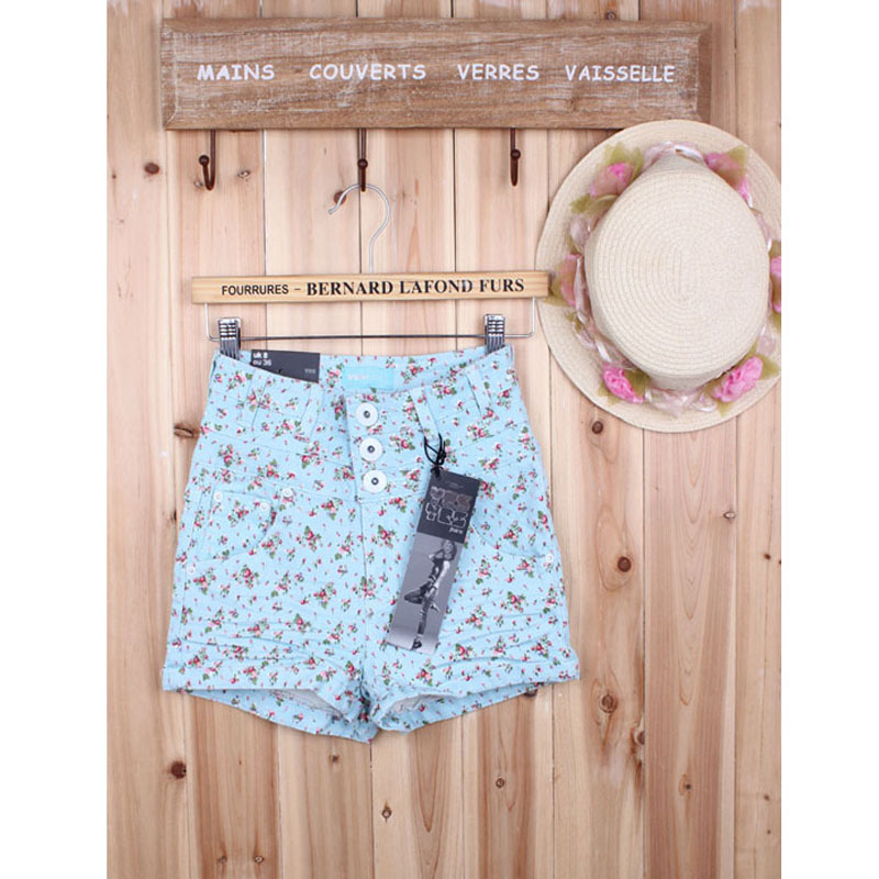 Free Shipping Women's fashion sweet charming elastic high waist buttons roll up hem shorts small fresh single-shorts