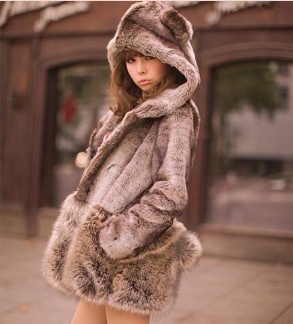 Free Shipping Women's Faux Fur Hooded Coat Cute Bear Style Overcoat S M L