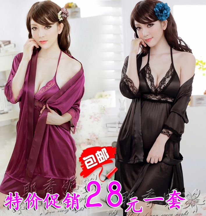 free shipping Women's faux silk temptation cardigan robe bathrobes nightgown twinset sexy translucent sleepwear