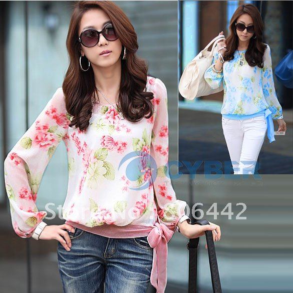 Free Shipping Women's Floral Print Pattern Chiffon Casual Puff Long Sleeve Tops Blouses Shirt