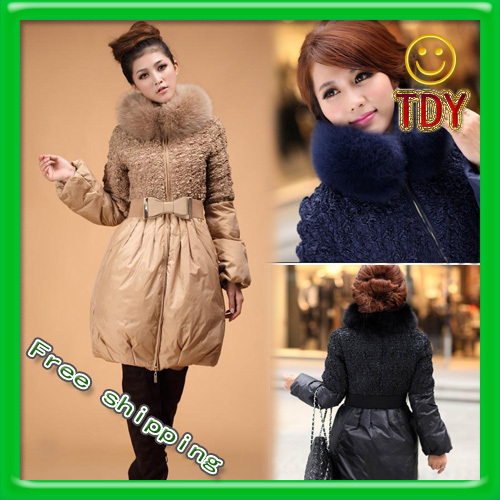 Free shipping Women 's fox fur collar long down clothing excellent quality coat thick coat down jacket women Authentic real wool