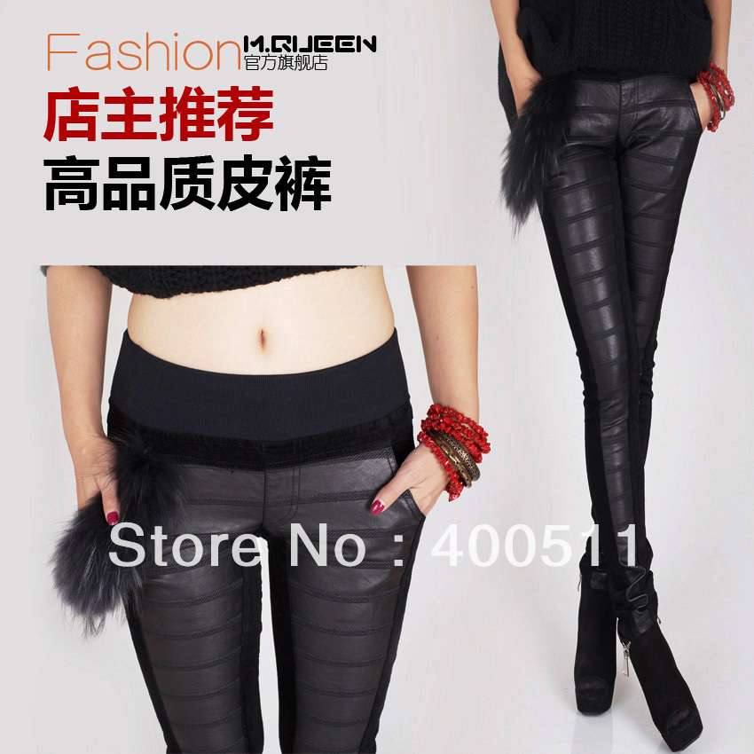 Free shipping women's  fur decoration high quality PU leather patchwork pencil pants winter  plus size leggings 30662