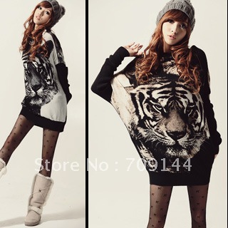 Free Shipping Women's Heap Turtleneck Tiger Pattern Long Design Plus Size Sweater Women Knitwear