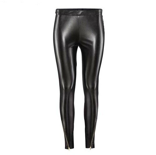 Free Shipping Women's High Elastic PU Waist Legging Trousers Gold Oblique Zipper HM Motorcycle Leather Pants XS-XXL