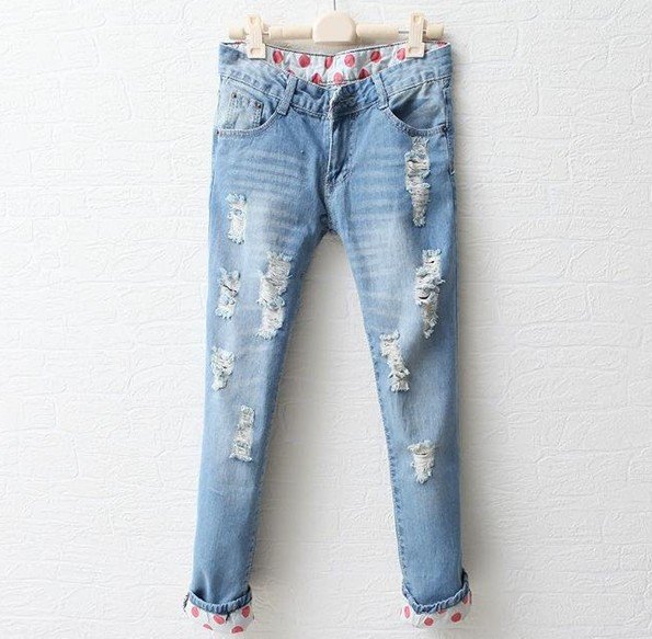 Free shipping women's Jeans Pencil Pants Slim Hole Crimping  light blue jeans Lady denim crop jeans