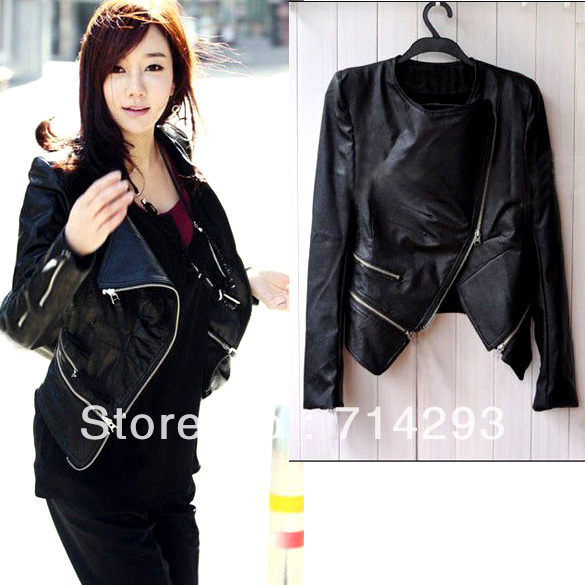 free shipping! Women's Korea Fashion PU Leather Jacket  Zipper Slim Coat Drop Shipping 5860