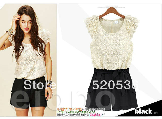 Free shipping women's lace piece pants shorts Korean Siamese pants female summer wear a belt jumpsuit 8129