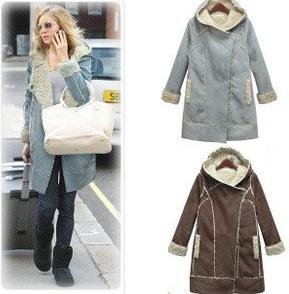 Free shipping Women's ladies Suede Sheep Wool fur lining jacket Turn-down Collar Unremovable Hat winter hot fashion coat