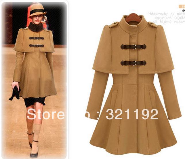 Free shipping Women's leather buckle on slim stand collar cape overcoat