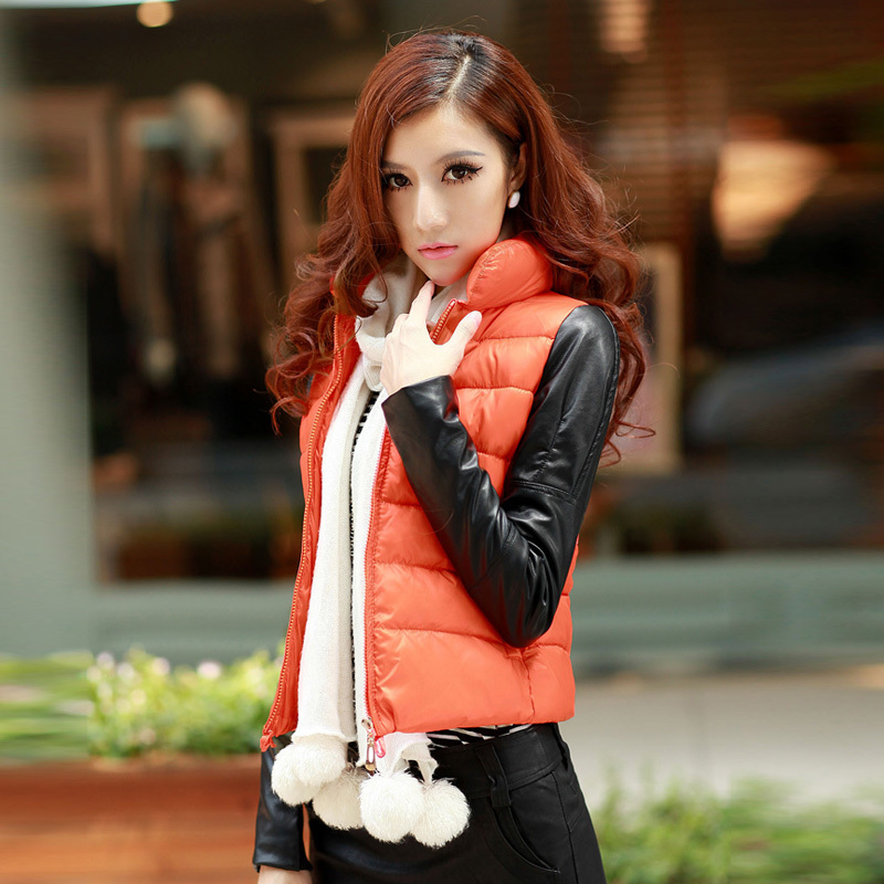 Free shipping  women's leather patchwork  short design wadded jacket cotton-padded jacket outerwear 1pcs/lot