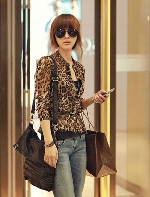 Free Shipping WOMEN'S LEOPARD PRINT LONG SLEEVE STAND-UP COLLAR CHIFFON BLOUSE TOP BROWN-drop shipping