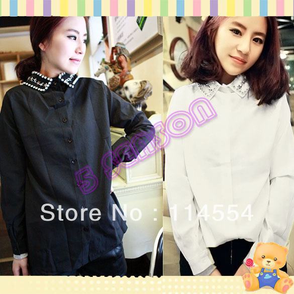 Free Shipping Women's Long Sleeve Bright Rhinestone Turndown Collar Chiffon Shirt Bottoming Shirt 11028