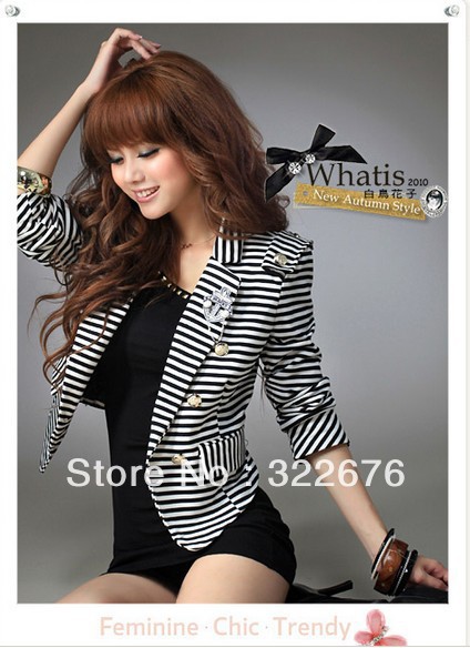 Free Shipping Women's Navy Badge Embellished Double Rows Button Stripe Coats Black&White YJ11052428