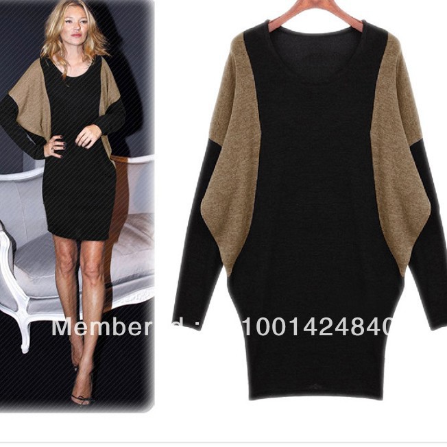 Free Shipping Women's Noble Knited Dress Full Batwing Sleeve Contrast Mixed Color Splice O Neck Black Khaki Color Trendy A004